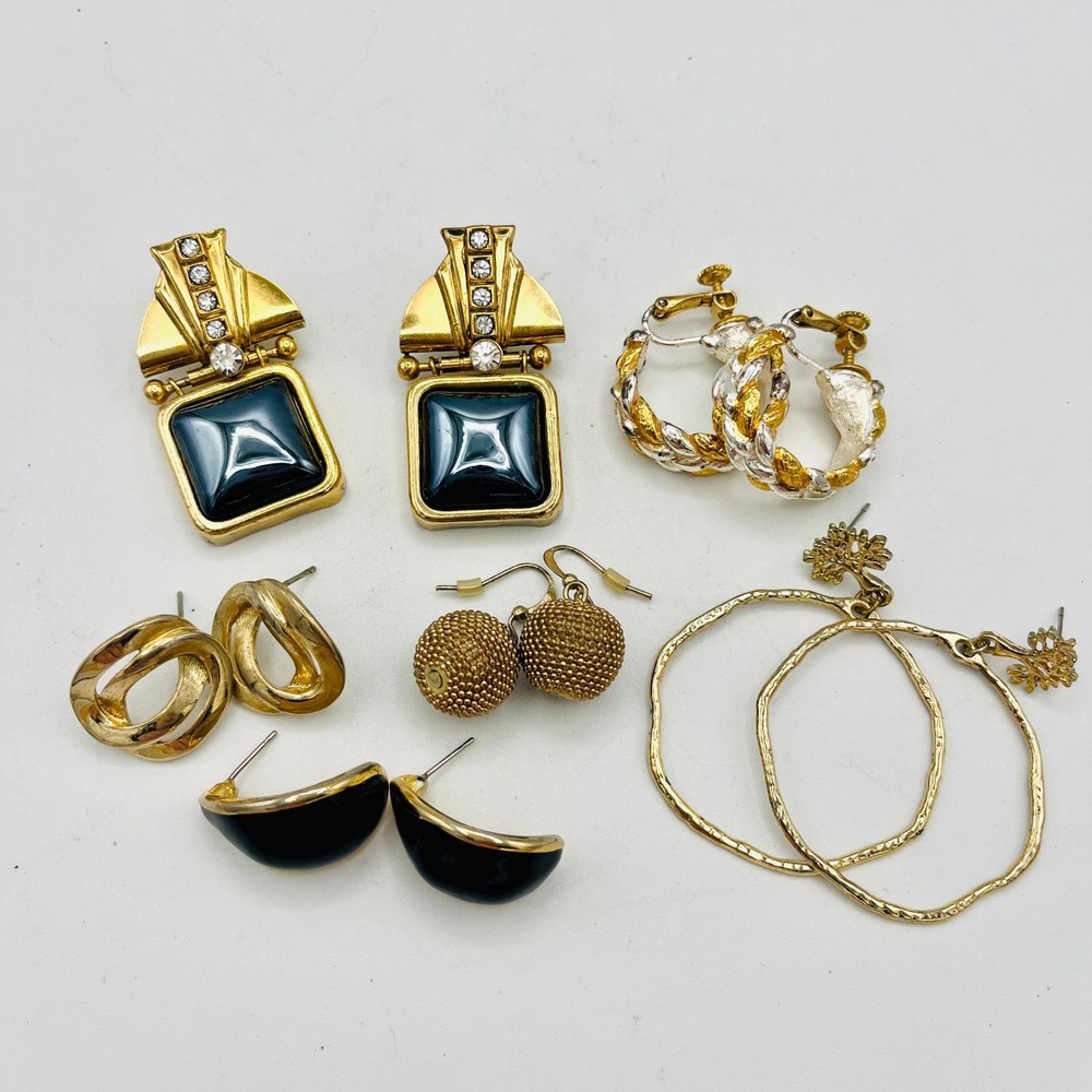 Vintage Earring Lot 6 Pairs Napier Two Tone Hoops Art Deco Geometric Black Gold